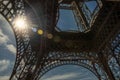 Bottom view of Eiffel Tower made in iron, with sunny blue sky in Paris. Royalty Free Stock Photo